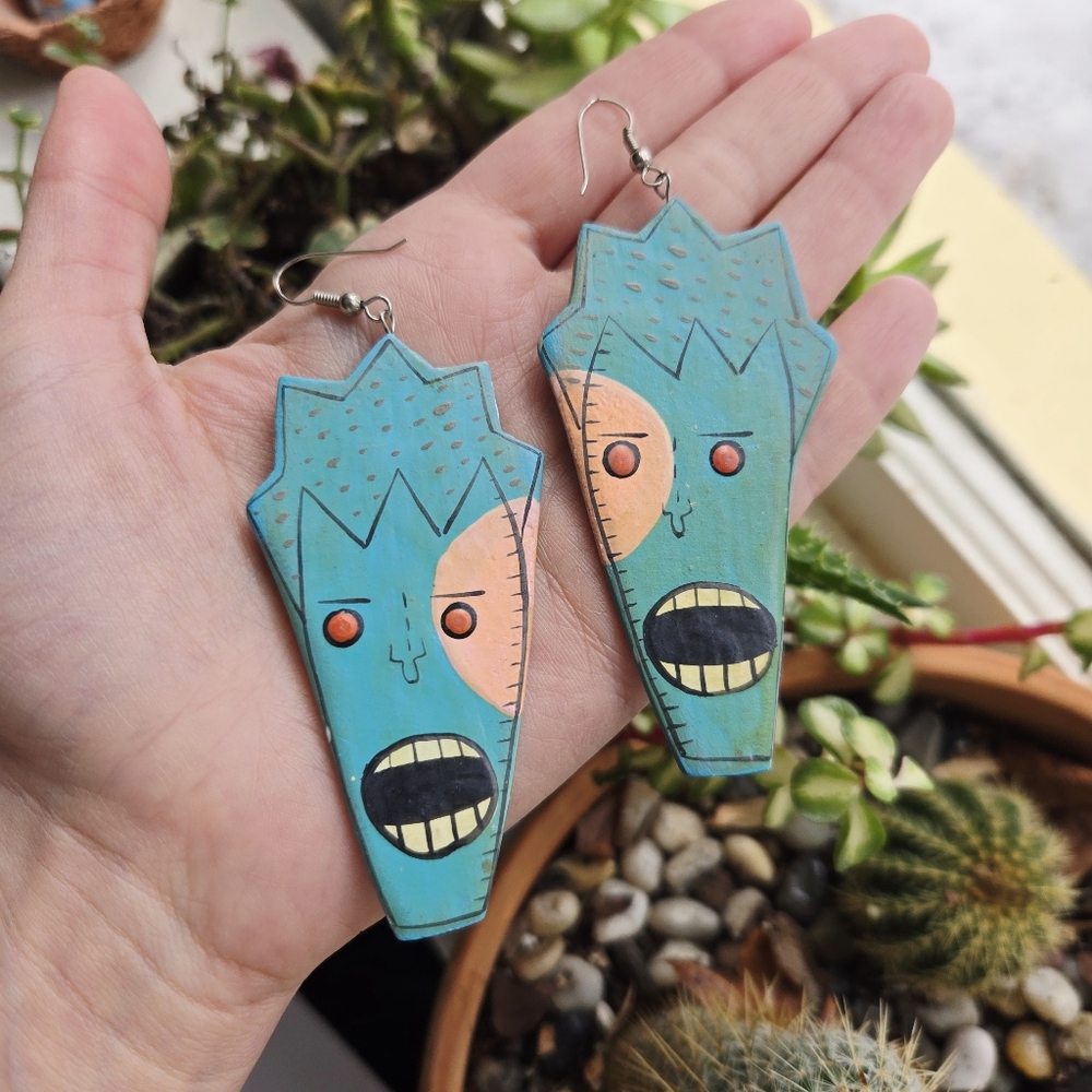 Vintage Pair of Handpainted Painted Wood Monster Dangle Drop Hook Earrings